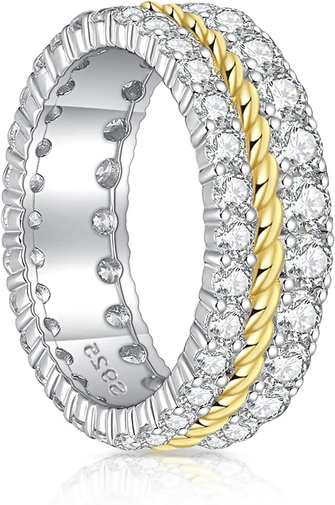 14K Gold Plated & 925 Sterling Silver Twisted Rope Simulated Diamond Eternity Band Ring For Women