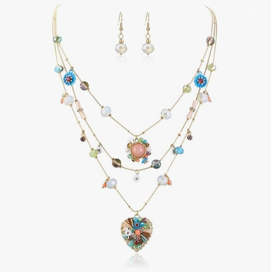 Boho Handmade Colorful Beaded Layered Heart Pendant Necklace and Hook Earring Jewelry Set
