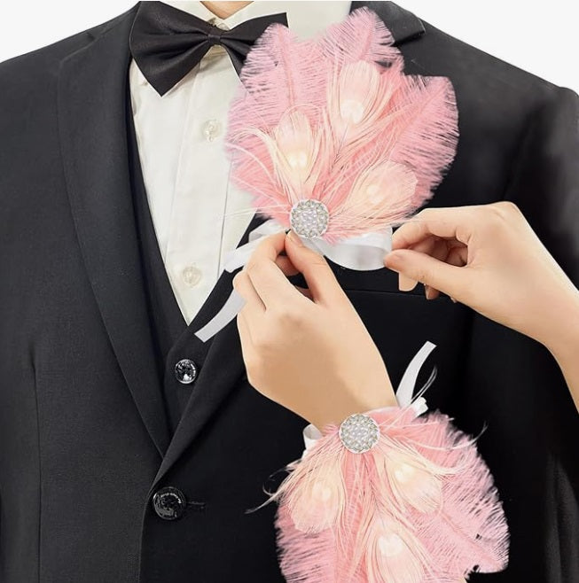 Gatsby Style Ostrich Feather Corsage and Boutonniere Set