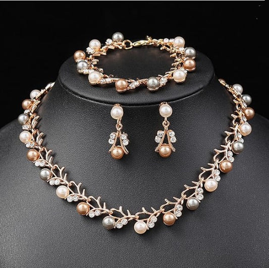 Tri-Color Simulated Pearl Necklace, Bracelet, and Earrings Set