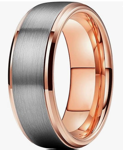 Men's High Polish 14k Rose Gold and Brushed Tungsten Comfort Fit Wedding Band
