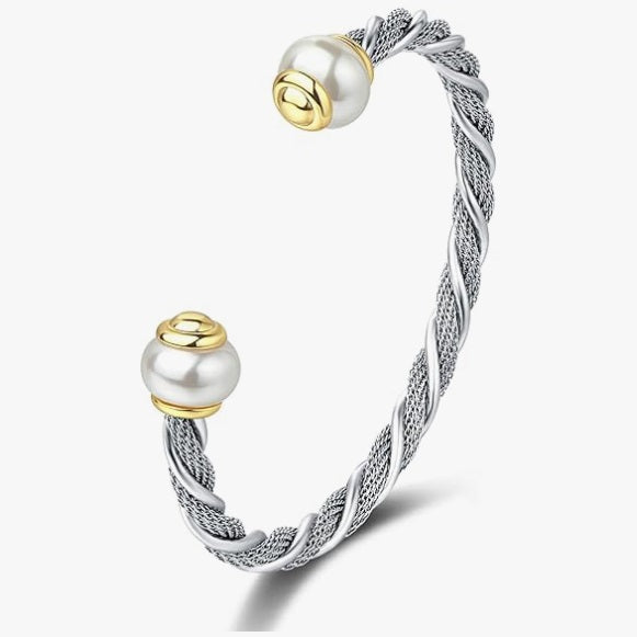Stainless Steel Mesh Chain Fusion Twisted Cable Imitation Pearl Open Cuff Bangle Bracelet