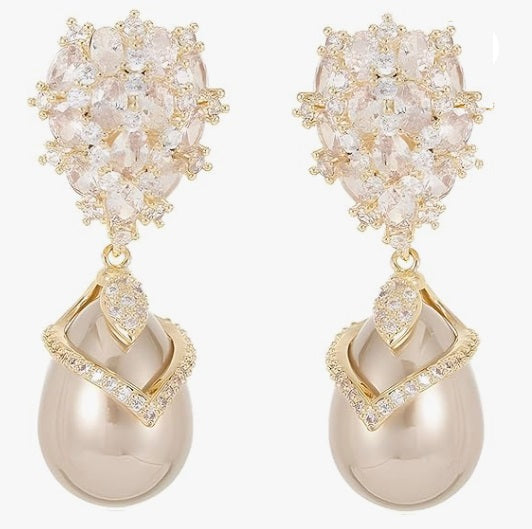 Champagne Pearl Bridal Wedding Earrings